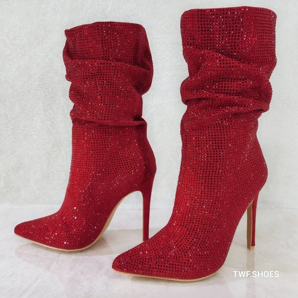 Resolve Sparkling Red Rhinestone High Heel Slouch Calf Boots New Years Bling - Picture 5 of 17